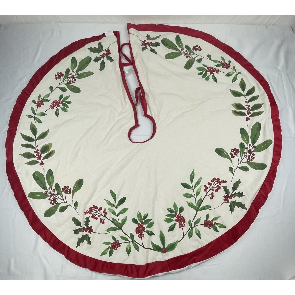 LAUREN RALPH LAUREN CHRISTMAS TREE SKIRT HOLLY BERRY RED TRIM 48" HOLIDAY DECOR